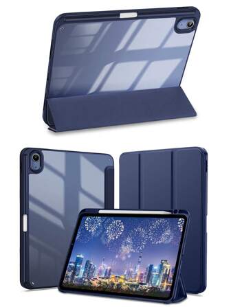 蓝色镜面硅胶透明iPad保护套，三折平板电脑保护套，带笔槽，透明后盖，超薄支架，防震防摔 - 紫蓝色