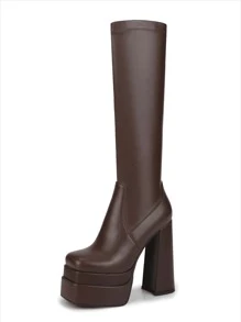 WETKISS Stacked Platform Knee High Boots For Women With High Chunky Heel, Gogo Boots For Women With Square Toe Side Zipper Stretch Boot - Castano - Visualizzare 1