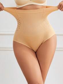 FLARIXA 1pc Beige Women High Waist Panties Tummy Control Panty Seamless Hollow Out Breatheable Waist Cincher Shapewear Body Shaper Underwear