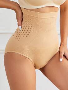 FLARIXA 1pc Beige Women High Waist Panties Tummy Control Panty Seamless Hollow Out Breatheable Waist Cincher Shapewear Body Shaper Underwear