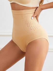 FLARIXA 1pc Beige Women High Waist Panties Tummy Control Panty Seamless Hollow Out Breatheable Waist Cincher Shapewear Body Shaper Underwear