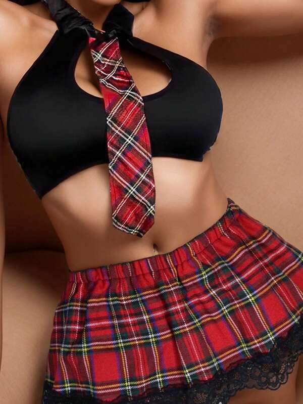 Conjunto de 4 piezas de disfraz sexy de estudiante con falda de rejilla hueca para Halloween