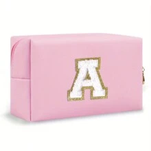 Bolsa de maquillaje con parche de letra inicial, bolsa de cosméticos de chenilla con cremallera y estilo universitario, bolsa de aseo de viaje impermeable con monograma para mujeres y niñas (letras de A a Z) - Esenciales para la vuelta al cole, viajes, vacaciones, suministros escolares, neceser para maquillaje, bolsa organizadora - Rosa - Ver 16