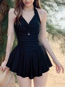 女士保守连体泳衣，收腹瘦身，适合夏季海滩度假 - 黑色 - 查看 3