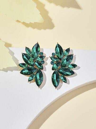 1pair Alloy Fan-Shaped Earrings Studded With Glass Rhinestone, Classic And Elegant Design