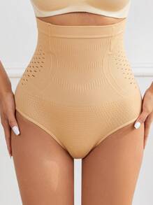 FLARIXA 1pc Beige Women High Waist Panties Tummy Control Panty Seamless Hollow Out Breatheable Waist Cincher Shapewear Body Shaper Underwear