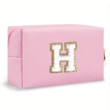 Bolsa de maquillaje con parche de letra inicial, bolsa de cosméticos de chenilla con cremallera y estilo universitario, bolsa de aseo de viaje impermeable con monograma para mujeres y niñas (letras de A a Z) - Esenciales para la vuelta al cole, viajes, vacaciones, suministros escolares, neceser para maquillaje, bolsa organizadora - Rosa - Ver 18