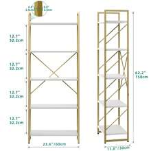 Bücherregal, Regal mit 5 Ebenen, Standregal, Büroregal, freistehend, Dekoregal, zur Präsentation, modern, Bücherregale für Wohnzimmer, Schlafzimmer, Büro (Gold) - Weiss - Übersicht 4