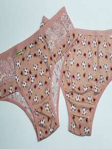 Kit 5 Calcinhas Senhora Adulto Feminino Estampadas Com Renda Suede