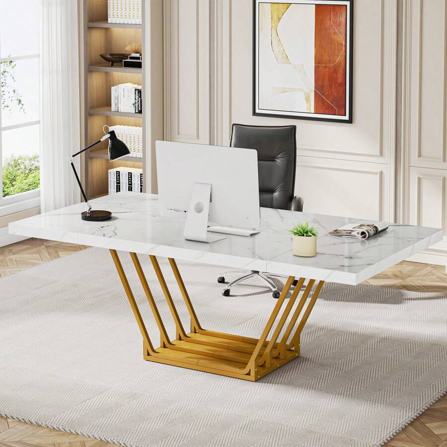 Tribesigns 63-Inch Modern Computer Desk, White Executive Desk With Gold ...