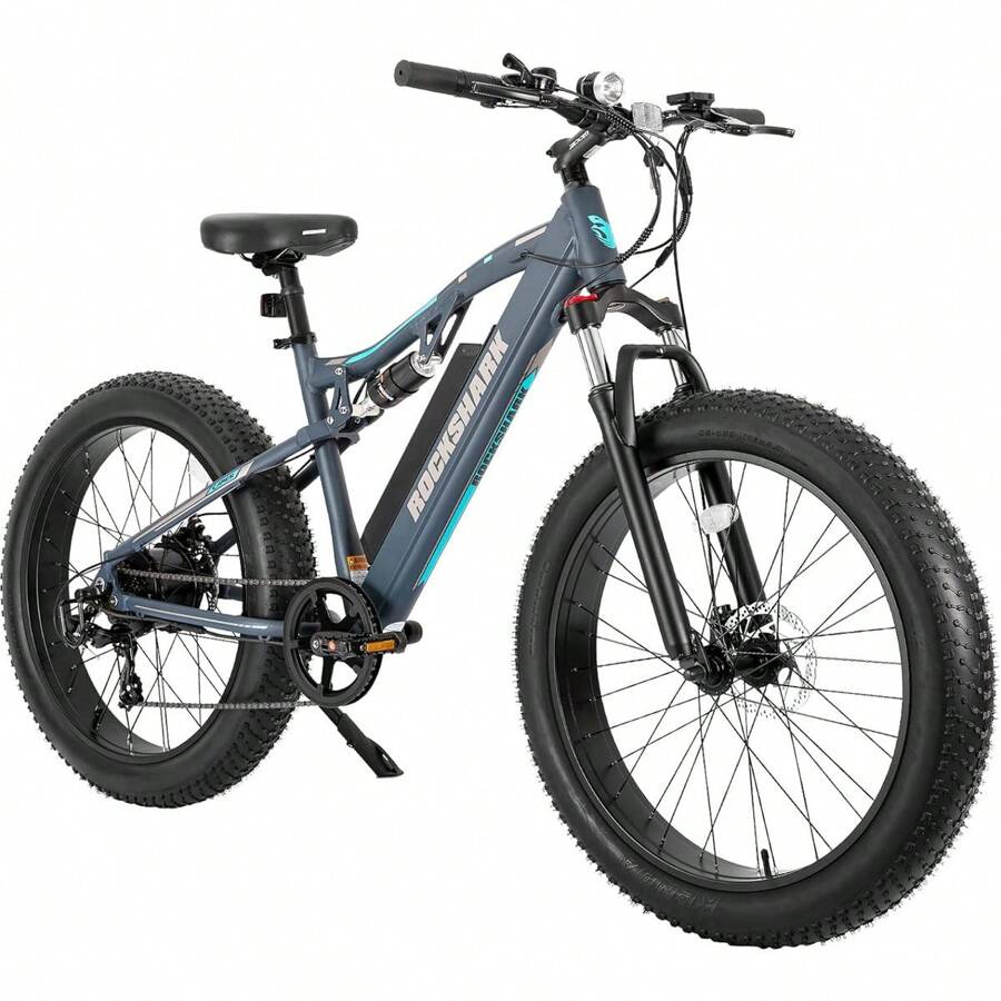 HILAND Rockshark Electric Mountain Bike For Adults, 26"X4" Fat Tire E-Bike With 500W Motor & 48V 10.4Ah Battery, Dual Suspension Fork With Lock-Out, Shimano 7-Speed Beach/Snow Men's E-MTB. - 灰色 - 查看 1
