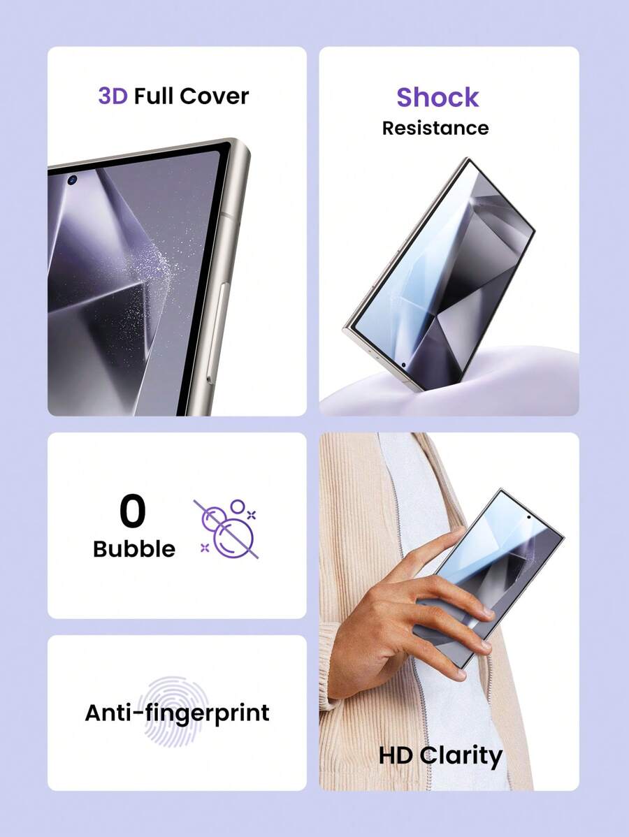 UGREEN 全屏 3D 高清钢化膜屏幕保护膜玻璃膜带膜适用于三星 S24 Ultra 1 件/2 件生日、家人、朋友礼物钢化玻璃、手机屏幕保护膜、手机配件防水防震防摔防摔防刮防指纹 - 無色 - 查看 1
