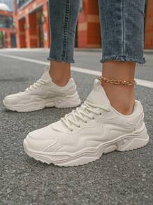 Women's Comfortable Chunky Sneakers, Breathable Sports Shoes, Lightweight Soft Bottom, Size 43-45, Round Toe Lace-Up Low-Top Casual Travel Shoes