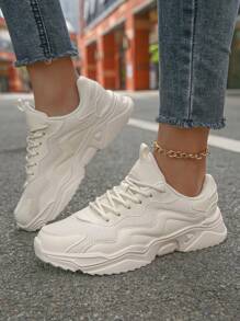 Women's Comfortable Chunky Sneakers, Breathable Sports Shoes, Lightweight Soft Bottom, Size 43-45, Round Toe Lace-Up Low-Top Casual Travel Shoes