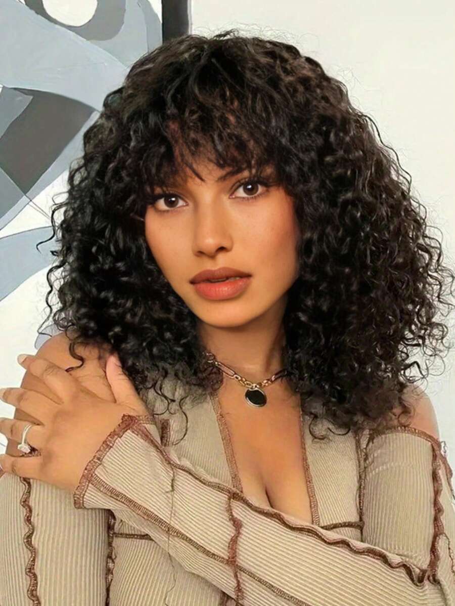 Natural Messy Medium Length Curly Hair, Black Wavy Wigs With Heat Resistant Synthetic Wig Suitable For Daily Gatherings And Halloween Wigs  Curly Hair With Bangs