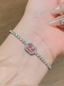 1 Pieza Pulsera Decorativa Ajustable Con Circonia Cúbica Cuadrada Minimalista De Moda Adecuada Para Uso Diario De Mujeres - pulsera cuadrada - Ver 9