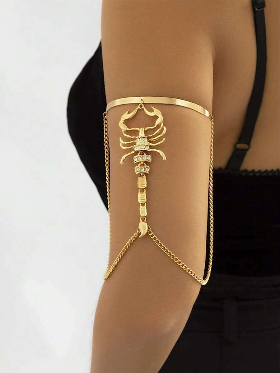 1 件女深色/龐克風格蝎子形開口手鐲帶金屬鏈,流蘇臂鏈,時尚高端