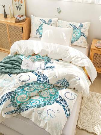 3pcs Sea Turtle Print Bedding Set, Soft & Comfortable Duvet Cover, Suitable For Bedroom, Guest Room (1 Duvet Cover + 2 Pillow Shams, Comforter Not Included)