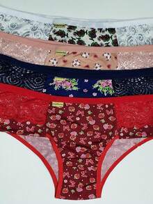 Kit 5 Calcinhas Senhora Adulto Feminino Estampadas Com Renda Suede