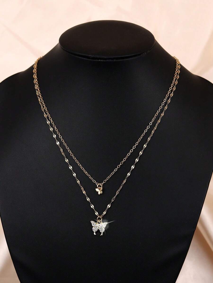 1入組可愛的鋅合金蝴蝶吊墜項鍊，適用於女性的日常飾品 - 金黃色 - 查看 1