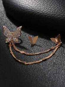 1 Set de aretes de moda con elemento de mariposa y cubic zirconia (CZ) micro-incrustado, que incluye 1 cuff para la oreja y 1 arete tipo stud (pieza de rombo: cantidad aleatoria) - Amarillo Oro - Ver 3