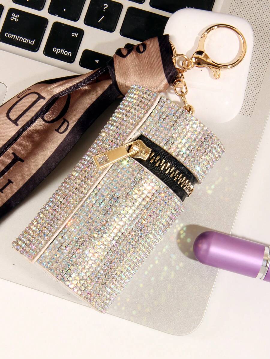 1pc Silver Rhinestone Decor Pu Fashion Lipstick Case Bag Pendant Multifunctional For Storing Coins Earphone And Lipstick Women'S Keychain Pendant Bag Accessories Gift Gift Accessories Decor For Teen Girls Women College Students Rookies & White-Collar Workers Key Chain Charms Car Accessories Women