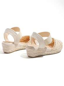 Women's Rubber Sole Wedge Sandals With Four Flower Embellishments And Linen Strap - Beige - View 5
