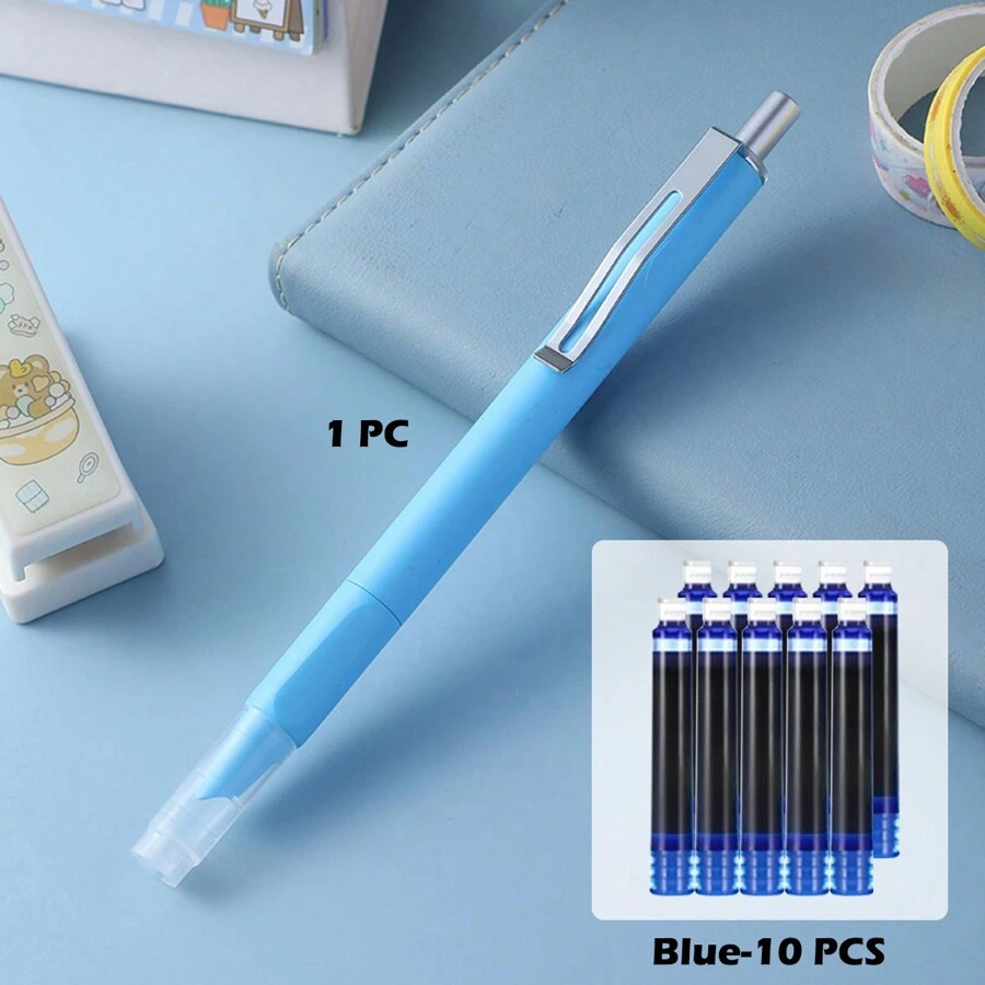 11pcs/Set Blue Ink Cartridge Pressed Ballpoint Pens, Vibrant Candy Color, Replaceable Ink Cartridge, Suitable For Students To Practice Calligraphy, Office Supplies - Blue - View 1