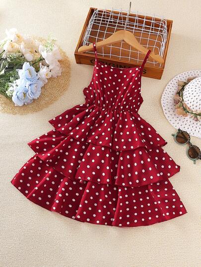 Left Mama Tween Girl Polka Dot Printed Spaghetti Strap Layered Dress For Summer