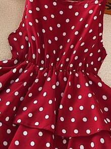 Left Mama Tween Girl Polka Dot Printed Spaghetti Strap Layered Dress For Summer