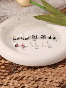 6 对/女士时尚玫瑰花蝴蝶结和心形耳钉 - 藍色 - 查看 5