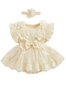 Newborn Baby Girl Cute Short Sleeve Mesh 3D Flower Ruffle Tutu Bodysuit Dress With Headband Sets
