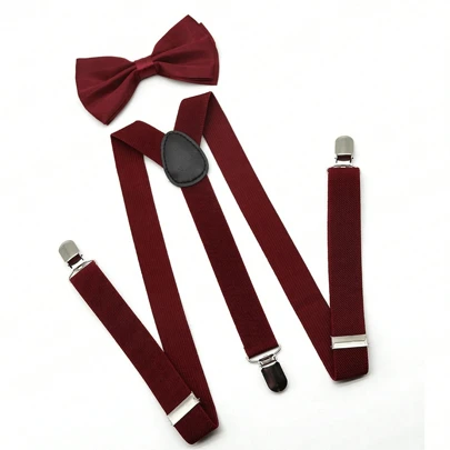 1 Set Men's Solid Color Suspender Bow Tie Set, Solid Color Elastic Suspender, Bow Tie Set, High Density Thickened Suspenders (Length 60-90cm) For Going Out Outfit Wedding Party And For Gift Halloween Accessories, Halloween Costumes Autumn-Winter Accessories Halloween Costume,Suitable For Teens, Youth,Men,Casual, Outdoor, Athletic, Vacation, Graduation Gifts, Birthday, Daily Wear