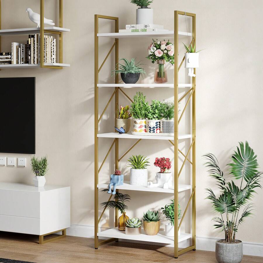 Bücherregal, Regal mit 5 Ebenen, Standregal, Büroregal, freistehend, Dekoregal, zur Präsentation, modern, Bücherregale für Wohnzimmer, Schlafzimmer, Büro (Gold) - Weiss - Übersicht 1