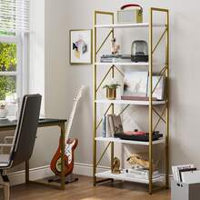Bücherregal, Regal mit 5 Ebenen, Standregal, Büroregal, freistehend, Dekoregal, zur Präsentation, modern, Bücherregale für Wohnzimmer, Schlafzimmer, Büro (Gold) - Weiss - Übersicht 2