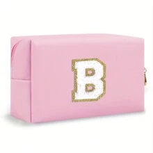 Bolsa de maquillaje con parche de letra inicial, bolsa de cosméticos de chenilla con cremallera y estilo universitario, bolsa de aseo de viaje impermeable con monograma para mujeres y niñas (letras de A a Z) - Esenciales para la vuelta al cole, viajes, vacaciones, suministros escolares, neceser para maquillaje, bolsa organizadora - Rosa - Ver 23