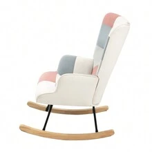 Rocking Chair, Mid Century Fabric Rocker Chair With Wood Legs And Patchwork Linen For Livingroom Bedroom - 粉色 - 查看 5