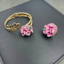 2pcs/Set Women's Decorative Handmade Soft Pottery Flower Bracelet And Ring Set With Green Crystal & Czech Diamond, Vintage Bronze Inlay, Fashionable &