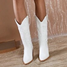 Fashion Cowgirl Boots Women Cowboy Boot Chunky Block Heeled Tall Pointed Toe Shoes Pull On Mid-Calf Western Boots For Party Cosplay - White - View 2