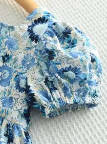 年輕女孩雛菊印花方領泡泡袖連身裙，夏季 - 藍色 - 查看 5
