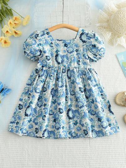 Young Girl Daisy Print Dress With Square Neck And Puff Sleeves, Summer