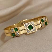 1buc Brățară elegantă și de lux Brățară pătrată verde cu strass Brățară groasă stivuitoare pentru femei, petrecere de aniversare, bijuterii zilnice