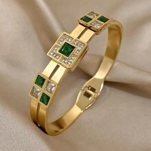 1buc Brățară elegantă și de lux Brățară pătrată verde cu strass Brățară groasă stivuitoare pentru femei, petrecere de aniversare, bijuterii zilnice