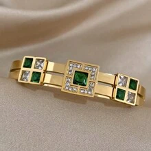 1buc Brățară elegantă și de lux Brățară pătrată verde cu strass Brățară groasă stivuitoare pentru femei, petrecere de aniversare, bijuterii zilnice