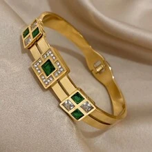 1buc Brățară elegantă și de lux Brățară pătrată verde cu strass Brățară groasă stivuitoare pentru femei, petrecere de aniversare, bijuterii zilnice