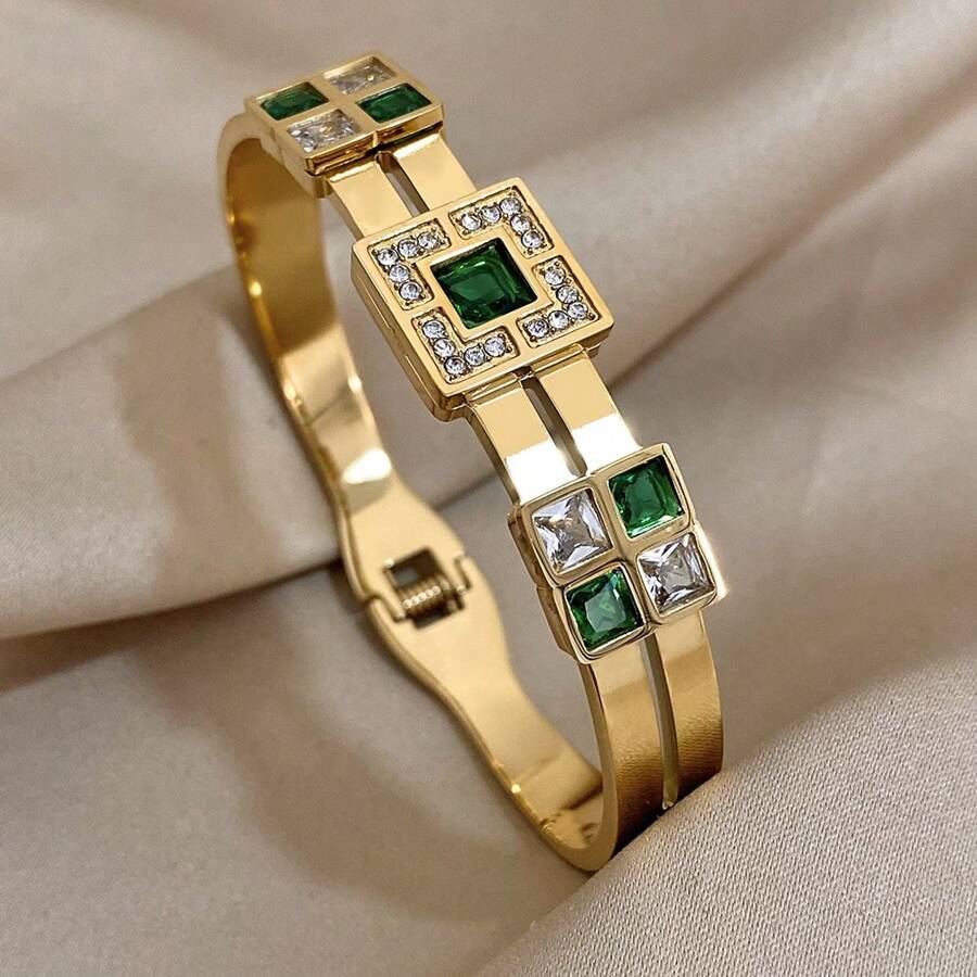1buc Brățară elegantă și de lux Brățară pătrată verde cu strass Brățară groasă stivuitoare pentru femei, petrecere de aniversare, bijuterii zilnice