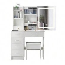 White Dressing Table LED Sliding Mirror With Lights Stool Makeup Vanity Set Desk + 6 Drawers - White - View 7