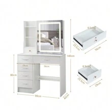 White Dressing Table LED Sliding Mirror With Lights Stool Makeup Vanity Set Desk + 6 Drawers - White - View 4