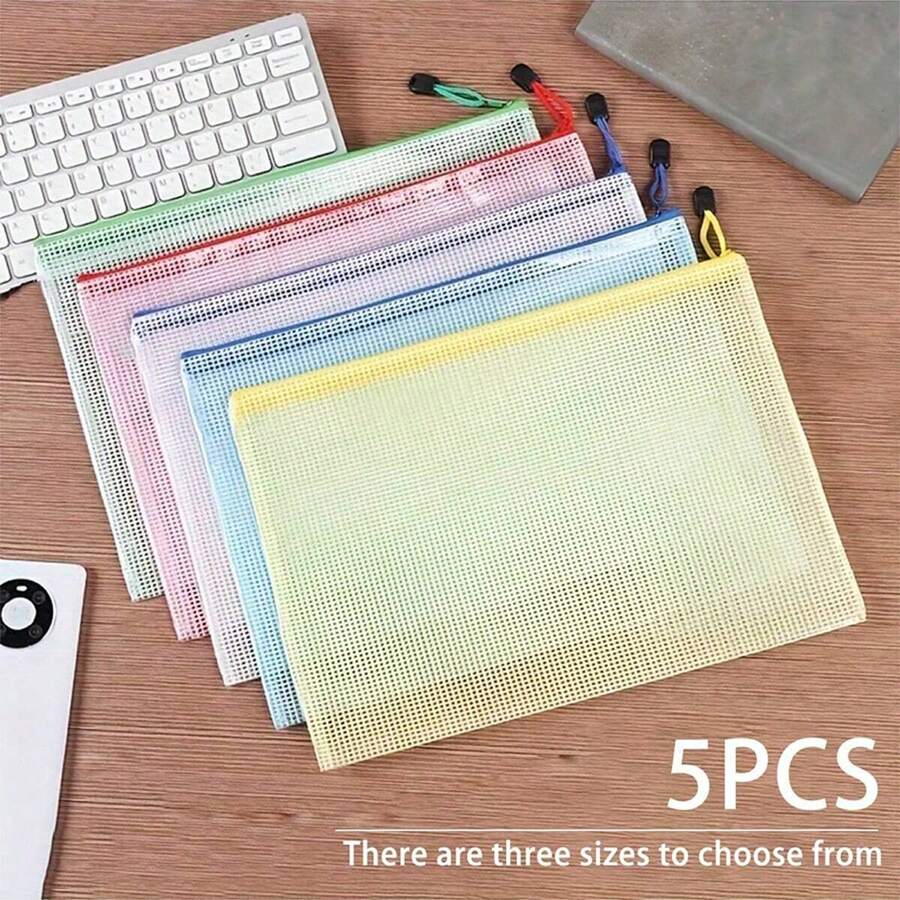 Conjunto de 5 Peças de Sacos de Zíper de Malha, Sacos de Zíper Impermeáveis, Sacos de Arquivo de Plástico Impermeável em 5 Cores, Armazenamento Multifuncional de Viagem, Suprimentos de Aprendizagem, Suprimentos de Escritório e Organização Doméstica. Há Três Tamanhos Disponíveis, Com ou Sem Etiquetas, Organizador enviado aleatoriamente.