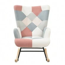 Rocking Chair, Mid Century Fabric Rocker Chair With Wood Legs And Patchwork Linen For Livingroom Bedroom - 粉色 - 查看 4